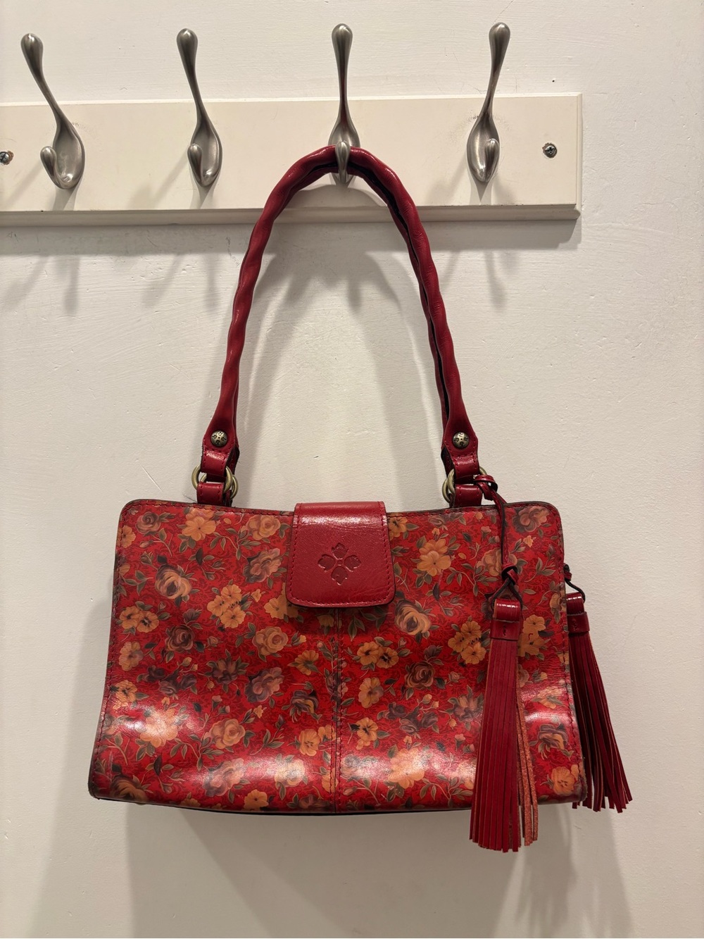 Patricia Nash Red Floral Leather Shoulder Bag with Tassels